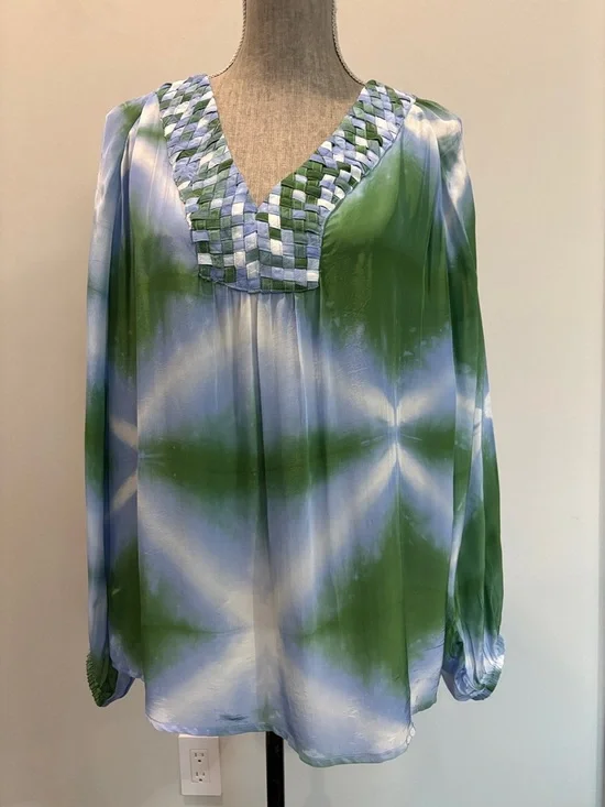 La Petite Francaise Barbara Tie Dye Tunic Braided V Neck Green Size Large - Picture 11 of 14